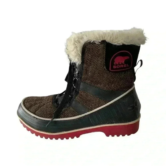 Sorel Women's Brown Tivoli Herringbone Lace Up Ankle Snow Boot Size 6.5 - Picture 1 of 6
